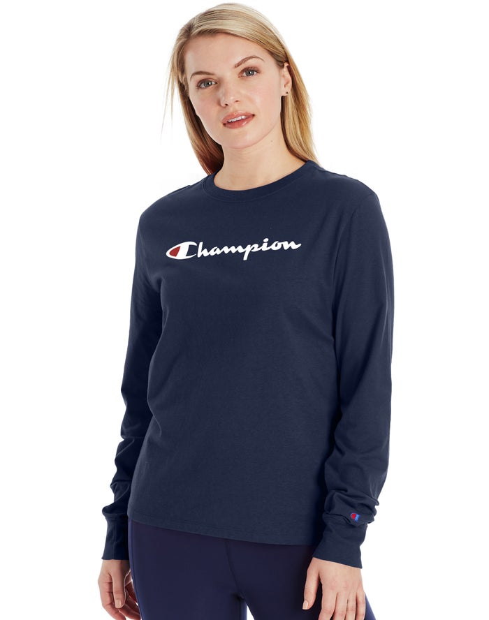 Champion Classic Long-Sleeve Script Logo Kadın Tişört Lacivert ( SRFMCU506 )